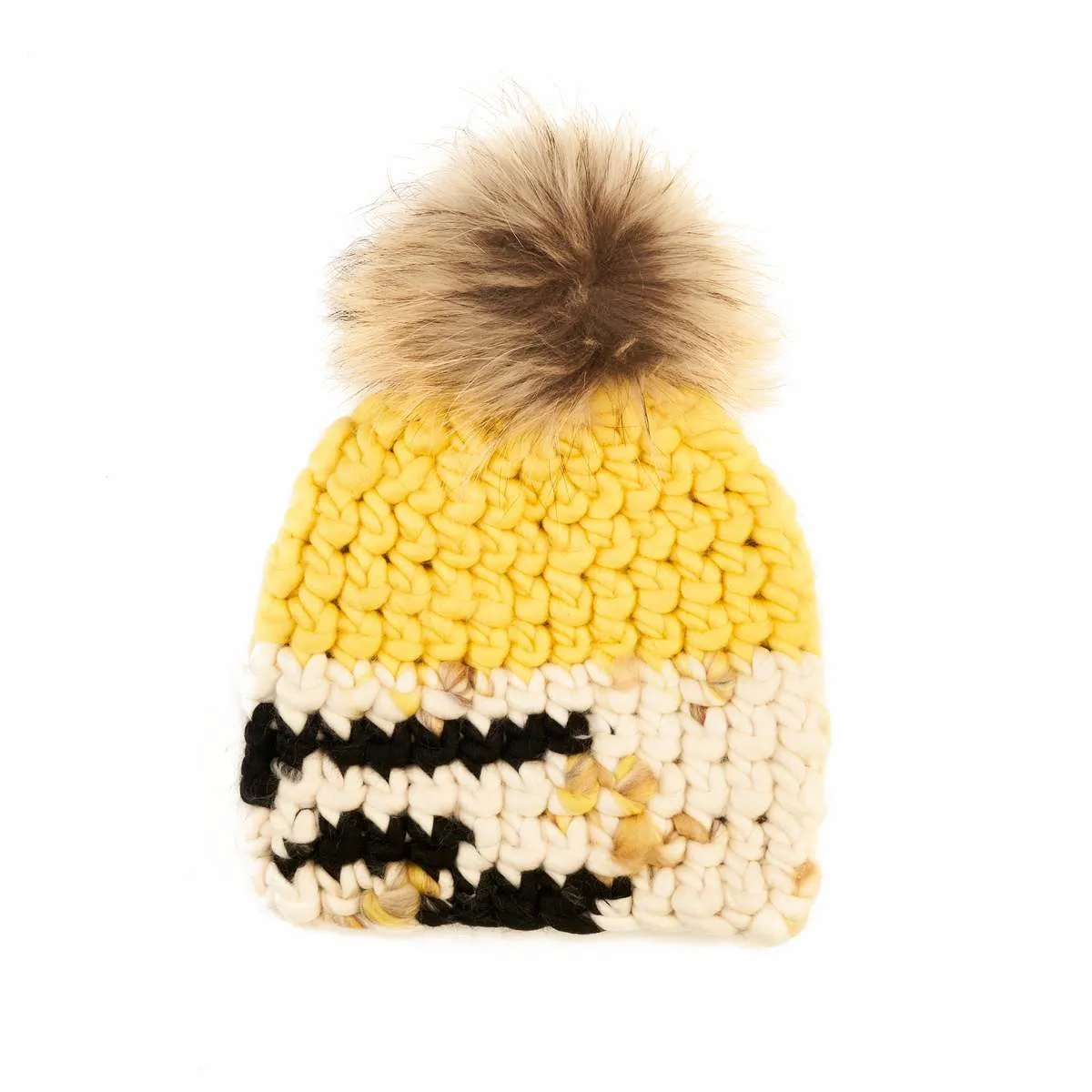 sunny pattern color block raccoon pom beanie - lemon