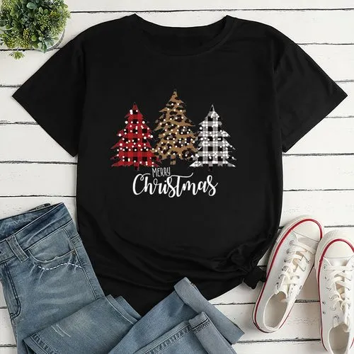 Unisex T-shirt Short Sleeve T-shirts Printing Casual Christmas Tree Plaid Leopard