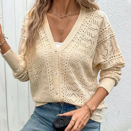 Women's Cardigan Sweater Long Sleeve Sweaters & Cardigans Button Casual Elegant Solid Color Argyle