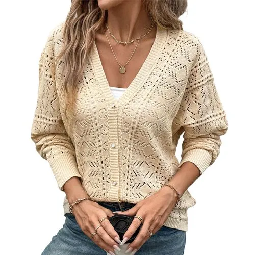 Women's Cardigan Sweater Long Sleeve Sweaters & Cardigans Button Casual Elegant Solid Color Argyle