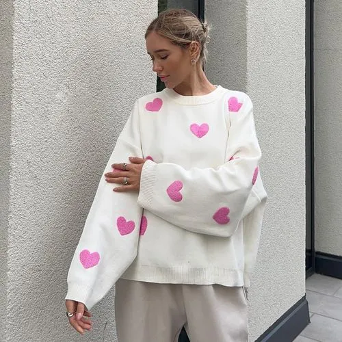 Women's Sweater Long Sleeve Sweaters & Cardigans Embroidery Streetwear Heart Shape Bow Knot