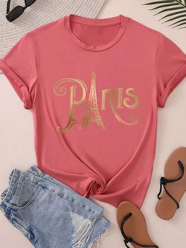 Women's T-shirt Short Sleeve T-Shirts Casual Eiffel Tower Letter