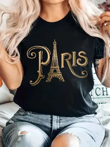 Women's T-shirt Short Sleeve T-Shirts Casual Eiffel Tower Letter