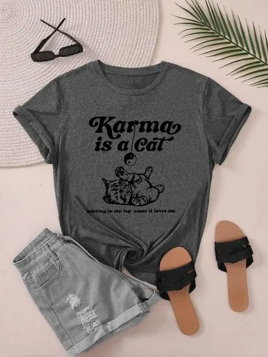 Women's T-shirt Short Sleeve T-Shirts Casual Letter Cat