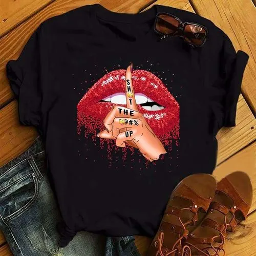 Women's T-shirt Short Sleeve T-shirts Printing Fashion Mouth Hand