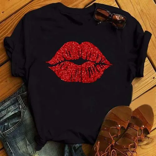 Women's T-shirt Short Sleeve T-shirts Printing Fashion Mouth Hand