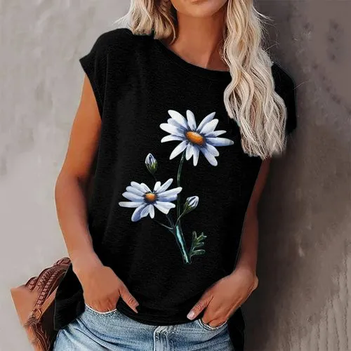 Women's T-shirt Short Sleeve T-shirts Printing Patchwork Fashion Flower