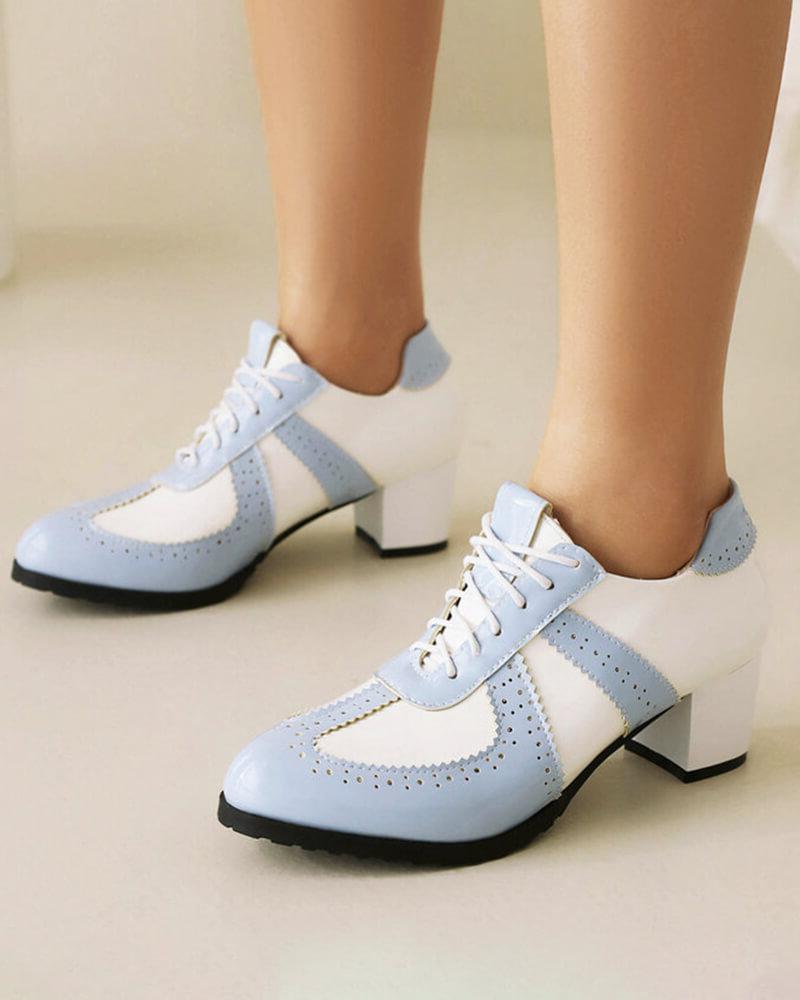 Women's Brogue Style Lace-up Color Block Block Heels