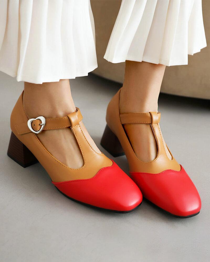 Women's Casual Color Block Square Toe Chunky Heels