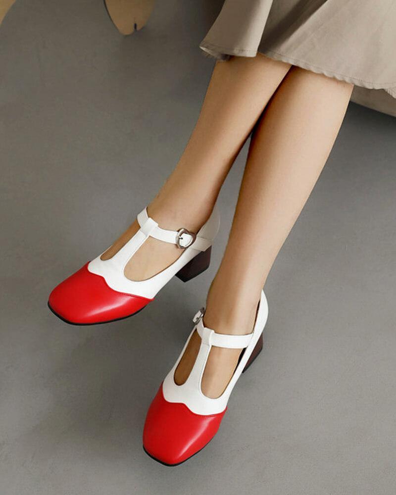 Women's Casual Color Block Square Toe Chunky Heels